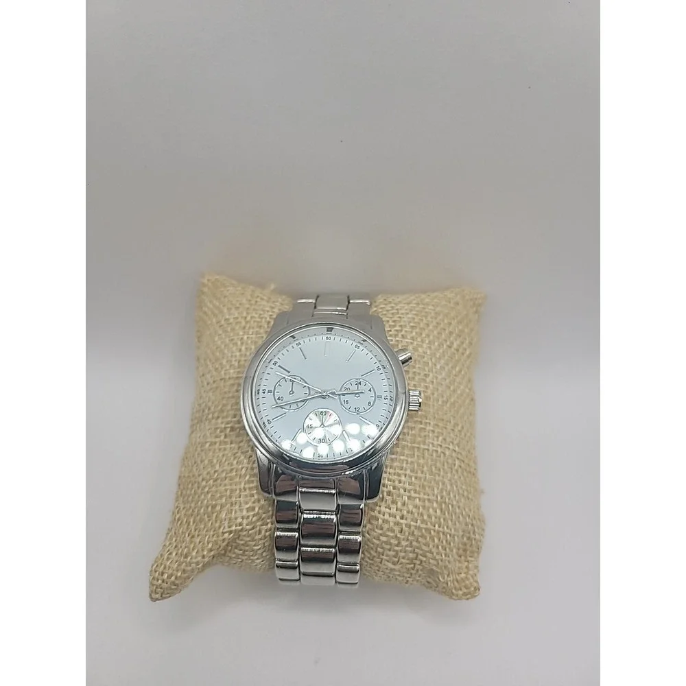 Vintage Silver Tone Chronogragh‎ Style Quartz Watch Metal Link Bracelet